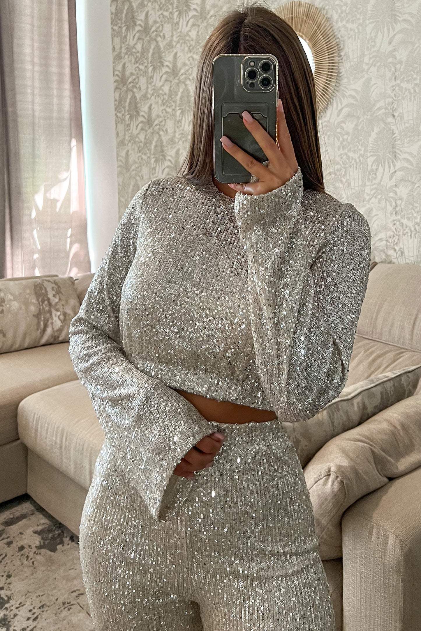 Blouse pailletée beige