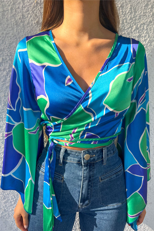 Blouse satinée bleue/verte