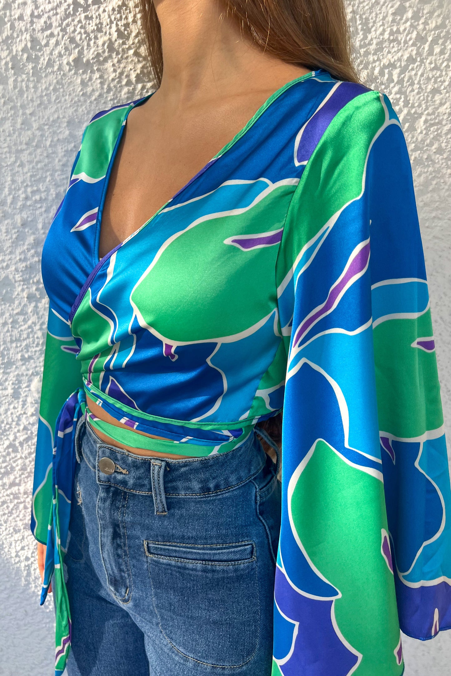 Blouse satinée bleue/verte