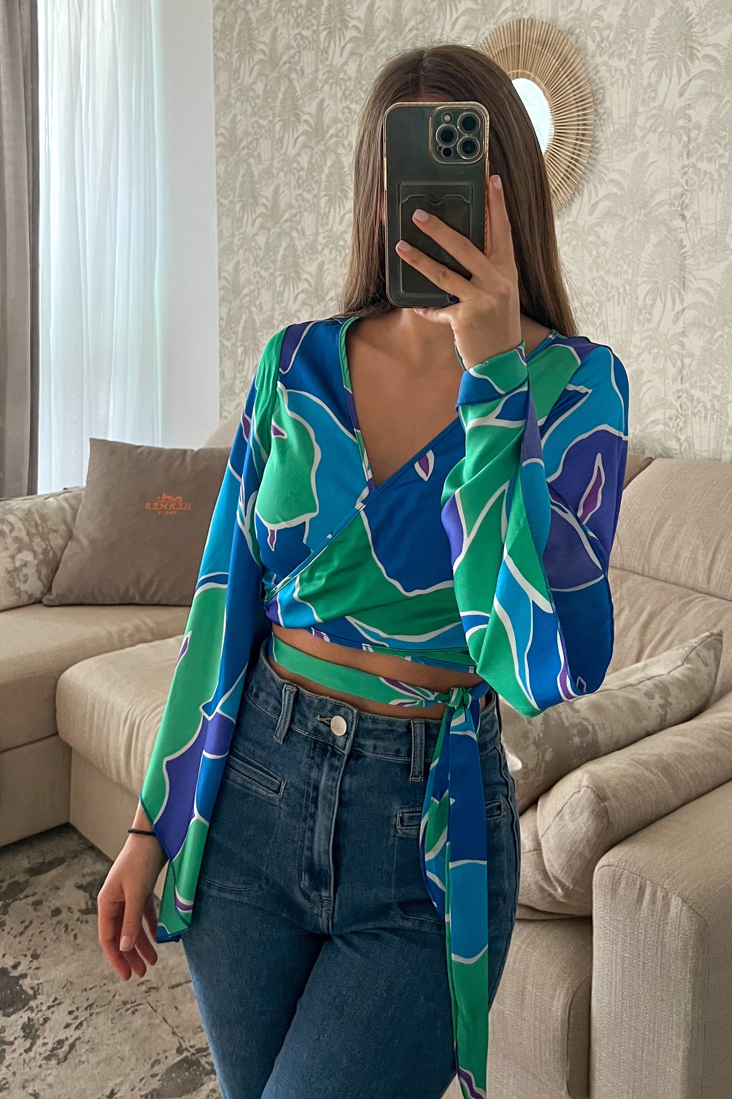 Blouse satinée bleue/verte