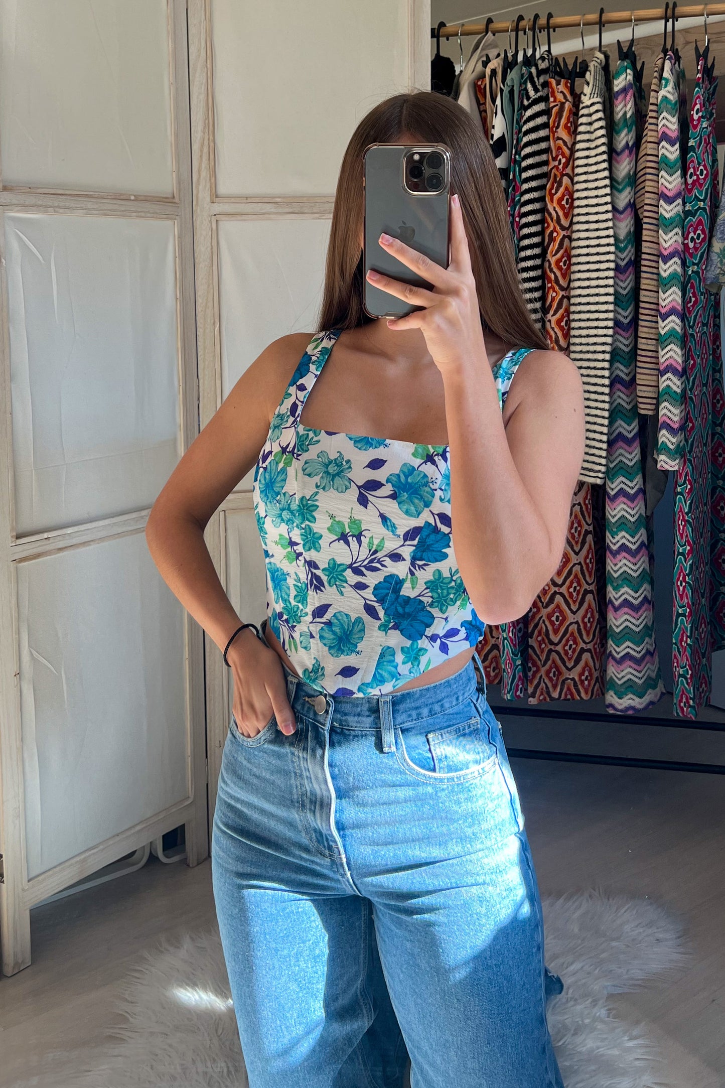 Top SUZANNE fleurs bleues